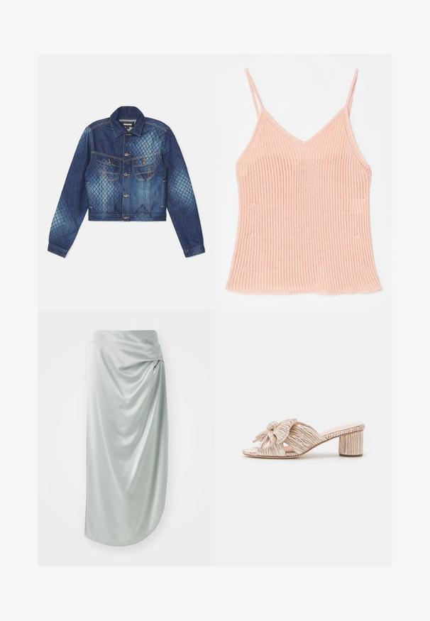 Denimjakke med en cropped design, klassisk krave og to brystlommer. Lyse og mørke blå diamantmønster accenter.; Peachfarvet strikket tanktop med tynde justerbare stropper, V-halsdesign, ribbet tekstur og lige kant.; Lys grøn satinskørt med draperet design, midtlængde, glat tekstur, med en sidelukning detalje for ekstra visuelt interesse.; Loeffler Randall EMILIA PLEATED KNOT MULE - Mules med hæl - champagne