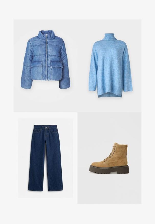 Veste rembourrée en denim bleu, raccourcie, avec un col montant, une fermeture éclair à l'avant, deux grandes poches à rabat et des coutures décoratives partout.; Pull à col roulé bleu clair en maille douce, à la coupe décontractée, avec des manches longues et des fentes latérales à l'ourlet.; Jean en denim bleu foncé taille haute, jambe droite, avec poches avant, passants pour ceinture et fermeture par bouton argenté sur fond blanc uni.; Bottines en daim tan avec une épaisse semelle en caoutchouc noir, un laçage à l'avant et un bout arrondi. Présente des détails de couture et une boucle à l'arrière.