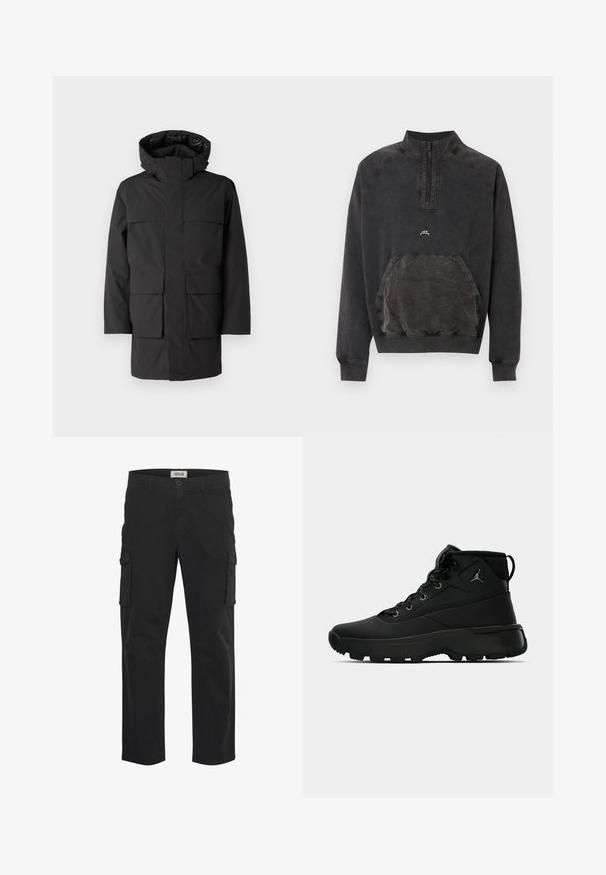 Veste imperméable noire avec capuche, dotée d'une fermeture éclair à l'avant, de quatre grandes poches plaquées et d'un design minimaliste. Tissu lisse et durable.; Sweat-shirt noir délavé à demi-fermeture éclair, poche kangourou, poignets et ourlet côtelés, avec petit logo « A C W » sur la poitrine.; Pantalons cargo noirs en mélange de coton, avec poches latérales, fermeture à bouton, jambes droites et texture lisse.; Baskets montantes noires en synthétique texturé, avec des œillets en métal, des lacets noirs et une semelle en caoutchouc avec des motifs de traction.