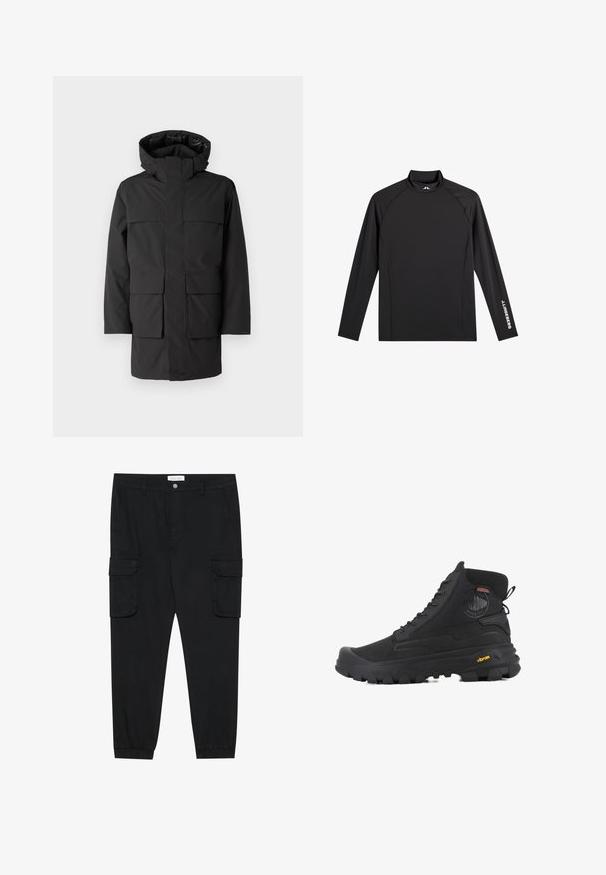 Sort vandafvisende jakke med hætte, der har en frontlynlås, fire store påsyede lommer og et minimalistisk design. Glat, holdbart stof.; Sort atletisk top med lange ærmer, høj hals, tætsiddende pasform og hvidt "J.Lindeberg" logo på venstre ærme og krave.; Sorte cargo-bukser med lige ben, elastiske manchetter og flere side lommer. Lavet af tekstureret stof med knaplukning.; Sorte høj-top støvler med en tekstureret overflade, der har et vandtæt design, snøresystem og en markant gummisål med Vibram-branding.