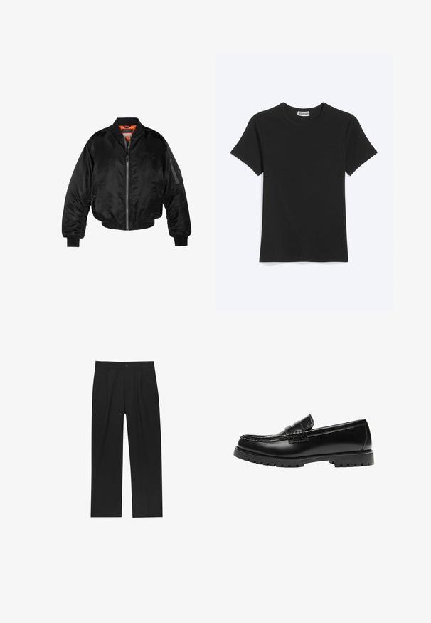 Zwarte bomberjack gemaakt van glanzende nylon stof met ribbelmanchetten, een ritssluiting aan de voorkant en een oranje voering. Bevat een ritssluiting zak op de mouw.; Effen zwart T-shirt met korte mouwen en een ronde hals met een Weekday-merklabel in de kraag, getoond op een witte achtergrond.; Zwarte broeken met een recht model, gemaakt van een gladde stof. Voorzien van een voorplooien en een enkele knoopsluiting bij de taille.; Zwarte leren loafer met een dikke rubberen zool en klassieke penny-strap details, gezien vanaf de buitenkant.
