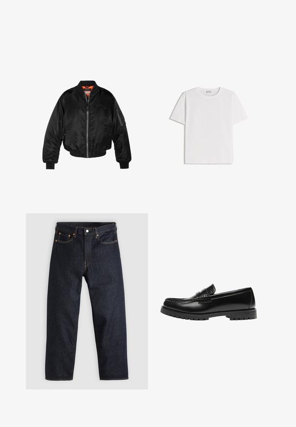 Veste bombardier noire en nylon brillant avec des poignets côtelés, un zip sur le devant et une doublure orange. Dotée d'une poche zippée sur la manche.; T-shirt en coton blanc avec un col rond et des manches courtes. Présente une coupe classique et carrée, sans motifs ni accents visibles.; Jean en denim bleu foncé avec une coupe droite, cinq poches, des coutures orange contrastantes et une fermeture à boutons. Pas de motifs ou d'ornements visibles.; Mocassin en cuir noir avec une semelle en caoutchouc épaisse et un détail classique de bride à monnaie, vu de côté extérieur.