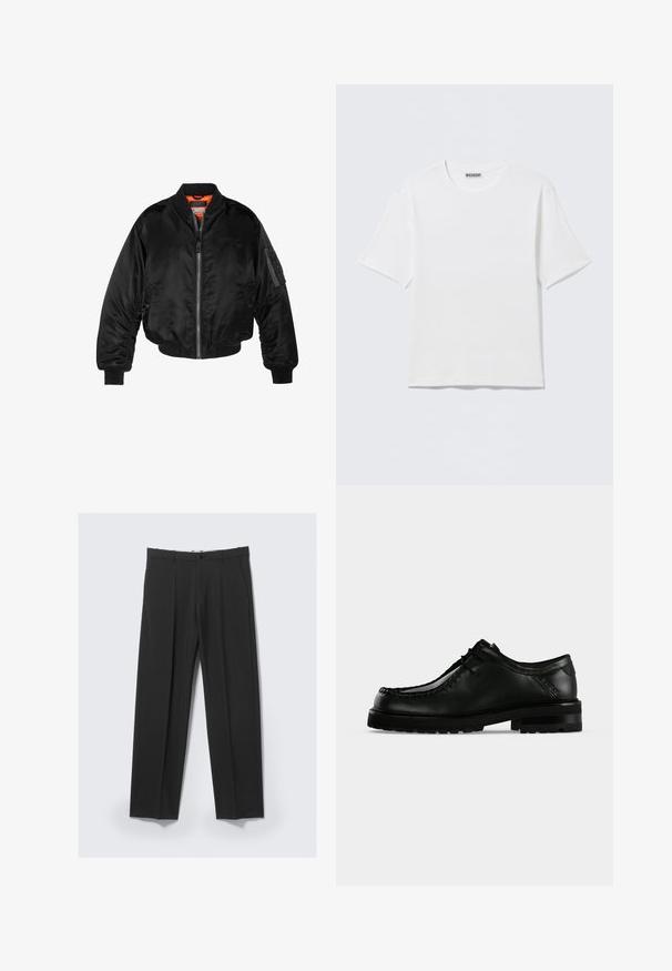 Veste bombardier noire en nylon brillant avec des poignets côtelés, un zip sur le devant et une doublure orange. Dotée d'une poche zippée sur la manche.; T-shirt blanc uni à manches courtes et col rond, avec une petite étiquette "WEEKDAY" à l'intérieur du col arrière, présenté à plat.; Pantalon noir ajusté avec plis avant, poches latérales, passants de ceinture et fermeture par bouton à la taille sur un fond clair.; Chaussure en cuir noir à lacets avec semelle épaisse en caoutchouc et couture moc toe, vue de profil gauche sur fond clair uni.