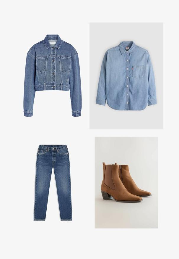 Kärbitud denim jakk helesinisena, klassikalise krae, nööbiga kinnituse ja kahe rinna taskuga, millel on tekstuuriga kangas. ; Hele sinine teksapaelusega särk, millel on nööpidega krae, esitasku ja pikad varrukad. Omaduseks on kõver ääris ja õrn tekstuur.; Sinine teksariie, sirge jalaga kujundusega, millel on nupuga ja tõmblukuga pealelukustus, viis taskut ning kerge kulumine pesu jooksul.; Pruunid nahast ankle-kingad elastsete külgpaneelidega, terava varbaga ja madala plokknähtusega. Omab tõmblukk välistülgede küljel, mis lihtsustab jalga panemist.