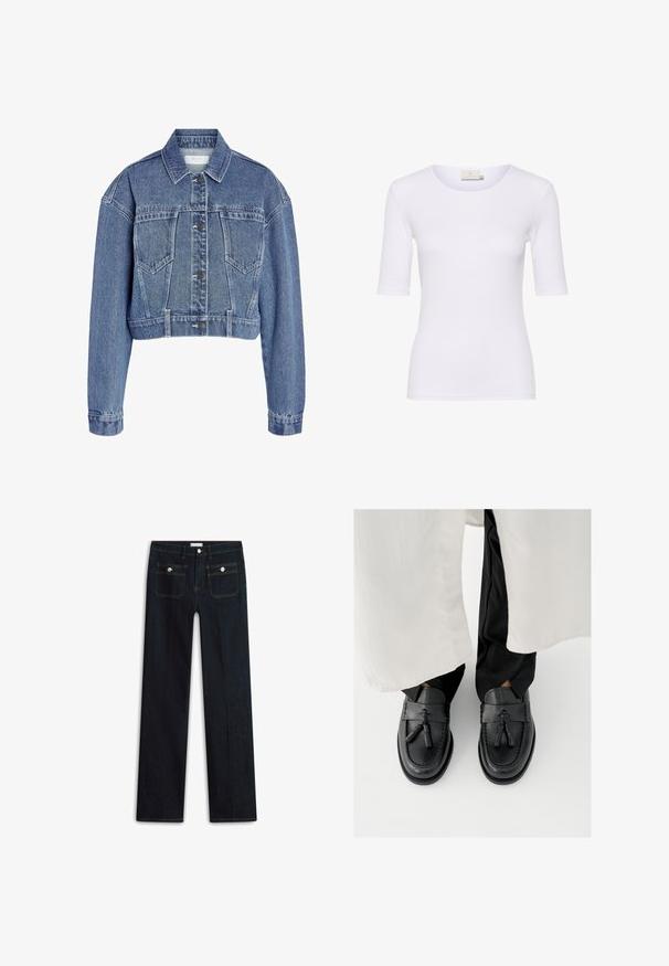 Kärbitud denim jakk helesinisena, klassikalise krae, nööbiga kinnituse ja kahe rinna taskuga, millel on tekstuuriga kangas. ; Valge silutud kangast kammitud t-särk, millel on ümmargune kaelus ja lühikesed varrukad, ilma nähtavate mustrite või ornamentideta.; Tumesinised teksapüksid sirge säärega, millel on kaks esist taskut ja nähtavad õmblused. Vigastusi ei ole näha.; Mustad nahast loafersid tutidetailidega, millel on ümar nina, õmmeldud detailid ja sile pind, kantud mustade pükstega.