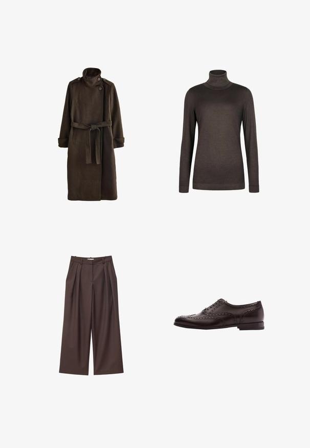Manteau en laine brun avec un col haut, des détails de boutons aux épaules, des manches longues et une ceinture assortie à la taille. Finition en tissu texturé.; Pull à col roulé marron en tissu doux. Il dispose de manches longues et d'une coupe ajustée. Texture lisse avec un col et un ourlet côtelés.; Pantalon marron taille haute à jambes larges avec plis sur le devant, passants pour ceinture et fermeture éclair dissimulée à l'avant.; Chaussure habillée en cuir marron avec des détails de brogue, fermeture à lacets, bout arrondi et un petit talon empilé. Fini poli et perforations complexes.