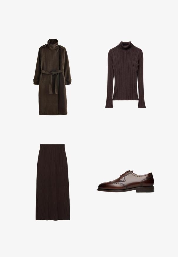 Manteau en laine brun avec un col haut, des détails de boutons aux épaules, des manches longues et une ceinture assortie à la taille. Finition en tissu texturé.; Pull col roulé en marron foncé, à côtes, avec un col ajusté et des manches longues, présentant un tissu texturé et un ourlet droit.; Jupe marron côtelée de coupe mi-longue avec une taille élastique. Le tissu présente une surface texturée avec des rayures verticales.; Chaussure de ville en cuir marron avec des détails brogue, bout arrondi et laçage à cinq œillets, reposant sur une semelle plate et texturée.