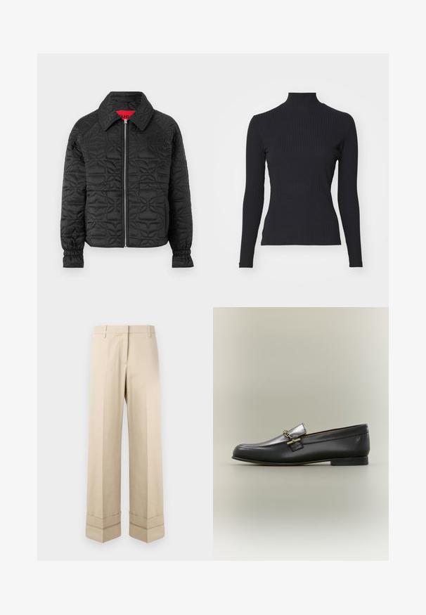 Chaqueta acolchada negra con cierre de cremallera en el frente, que presenta cuello con solapa, puños elásticos y patrones florales en relieve en toda la prenda. Etiqueta interior roja.; Top negro de cuello alto con costillas y mangas largas. Fabricado con una tela elástica con forma ajustada y cuello alto. Diseño simple sin adornos.; Pantalones beige de corte recto, con un doble puño en el dobladillo y un diseño de frente plano. Fabricados en una tela suave y duradera.; Mocasín de cuero negro con parte superior plateada, detalle de cadena dorada, tacón bajo y puntera redondeada sobre fondo neutro.