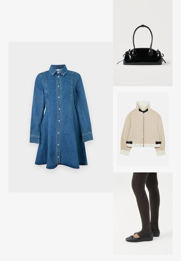 Chaqueta beige acolchada con un suave cuello y puños de forro polar blanco, que cuenta con un cierre frontal y detalles de hebilla negra. Incluye dos bolsillos frontales.; Vestido de denim azul de manga larga con cuello, cierre frontal de botones y detalles en las costuras, con un ligero vuelo en el dobladillo.; Piernas con leggings oscuros acanalados combinados con bailarinas negras que presentan pequeños detalles de lazo sobre un fondo blanco.; Pequeño bolso negro brillante con dos asas largas y detalles de cordón lateral sobre un fondo claro liso.