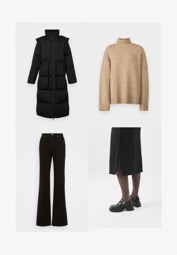 Doudoune noire avec col haut, fermeture éclair intégrale, taille ajustable par cordon de serrage et motif matelassé. Elle présente des manches longues et une coupe mi-longue.; Pull à col roulé beige fabriqué en matériau tricot doux et texturé. Présente des poignets et un ourlet côtelés, ainsi qu'une coupe décontractée. Design classique et confortable.; Jean évasé noir taille haute en denim, avec une fermeture à bouton, des poches latérales et une texture lisse.; Femme portant des mocassins noirs à talons épais, des collants noirs transparents et une jupe noire fendue à l'arrière sur fond blanc.