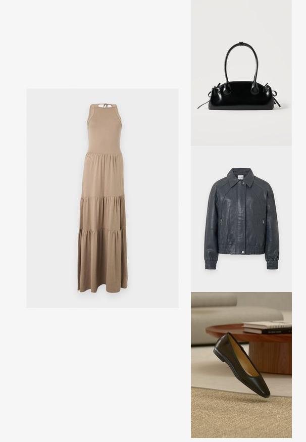 Veste en cuir gris foncé avec col, poches zippées et poignets élastiques. Fini texturé avec une coupe légèrement courte.; Robe maxi beige sans manches avec un lien noué au cou et une jupe froncée à trois niveaux, présentée sur un fond uni.; Chaussure plate en cuir noir avec bout carré arrondi sur un tapis tissé beige, avec une table basse en bois et des livres empilés en arrière-plan.; Petit sac à main noir brillant avec deux longues anses et des détails à cordon sur les côtés sur un fond clair uni.