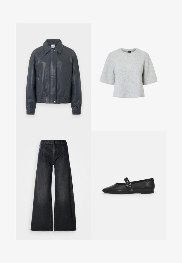 Veste en cuir gris foncé avec col, poches zippées et poignets élastiques. Fini texturé avec une coupe légèrement courte.; Pull gris à manches courtes en tissu tricoté texturé, doté d'un col rond et d'une coupe courte. Aucun motif ni accent visible.; Jean large noir en denim, avec taille haute, deux poches à l'avant et des coutures visibles, présentant une finition texturée subtile.; Chaussure plate en cuir noir avec un bout arrondi, une seule sangle réglable à boucle et une texture lisse et brillante. Design minimaliste avec un petit talon.