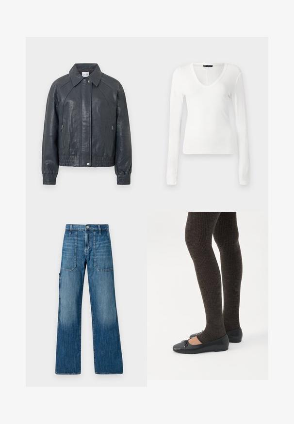 Veste en cuir gris foncé avec col, poches zippées et poignets élastiques. Fini texturé avec une coupe légèrement courte.; Haut à manches longues blanc en tissu côtelé, avec un décolleté en V profond et une coupe ajustée, possédant des bords sans couture et une texture lisse.; Jeans en denim à jambe large en bleu moyen. Dispose d'une taille haute, de poches avant et d'une coupe droite. Présente une texture décolorée et des coutures minimales.; Jambes portant des leggings côtelés foncés associés à des ballerines noires avec de petits détails en nœud sur fond blanc.