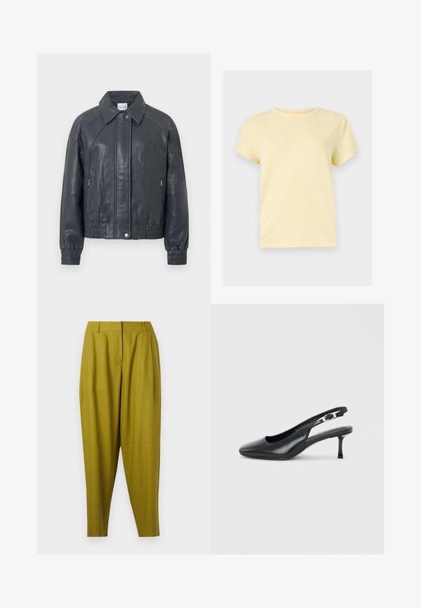 Veste en cuir gris foncé avec col, poches zippées et poignets élastiques. Fini texturé avec une coupe légèrement courte.; T-shirt jaune clair à manches courtes et col rond, au design uni, affiché sur un fond plat gris clair.; Pantalon tapered taille haute vert olive avec plis sur le devant et passants de ceinture, présenté à plat sur un fond blanc.; Chaussure slingback noire en cuir à bout pointu avec un petit talon aiguille bas et une bride réglable à boucle sur un fond clair uni.