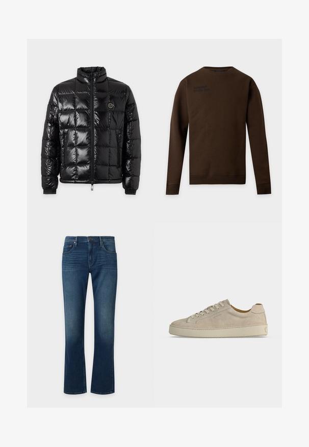 Veste matelassée noire brillante avec col montant, fermeture éclair à l'avant, poches latérales zippées et écusson rond avec logo sur la poitrine.; Sweat-shirt marron à manches longues et col rond avec un texte noir discret sur le haut gauche de la poitrine, poignets et ourlet côtelés, présenté sur fond blanc.; Jean bleu à coupe droite avec poches avant et fermeture par bouton, montrant une légère décoloration au niveau des cuisses et des genoux.; Baskets basses beiges en daim avec fermeture lacée et semelle épaisse en caoutchouc, vues de profil sur fond blanc uni.