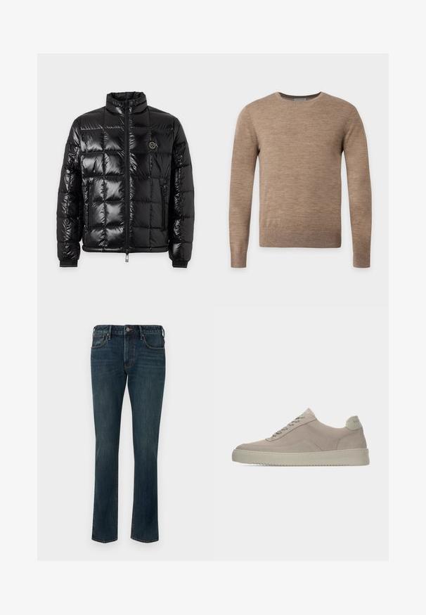 Veste matelassée noire brillante avec col montant, fermeture éclair à l'avant, poches latérales zippées et écusson rond avec logo sur la poitrine.; Pull beige à manches longues avec col rond et texture tricotée unie, présenté sur un fond clair uni.; Jean en denim droit bleu foncé avec fermeture à bouton et à glissière, poches avant et arrière, et un léger délavage sur les cuisses.; Baskets en daim beige avec une finition texturée, un bout arrondi et des lacets ton sur ton. Elles présentent une semelle en caoutchouc épaisse et un branding discret sur le talon.