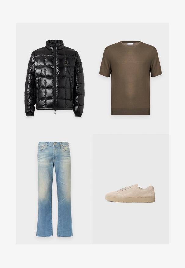 Veste matelassée noire brillante avec col montant, fermeture éclair à l'avant, poches latérales zippées et écusson rond avec logo sur la poitrine.; Pull en maille vert olive à manches courtes avec encolure ronde et ourlet côtelé, présenté sur fond blanc uni.; Jean évasé en denim bleu clair avec une finition délavée, design à cinq poches, fermeture par bouton en métal et ourlets droits.; Baskets en daim beige avec un bout rond, des lacets plats et une semelle en caoutchouc texturé. Design minimaliste avec des bords lisses et des coutures discrètes.