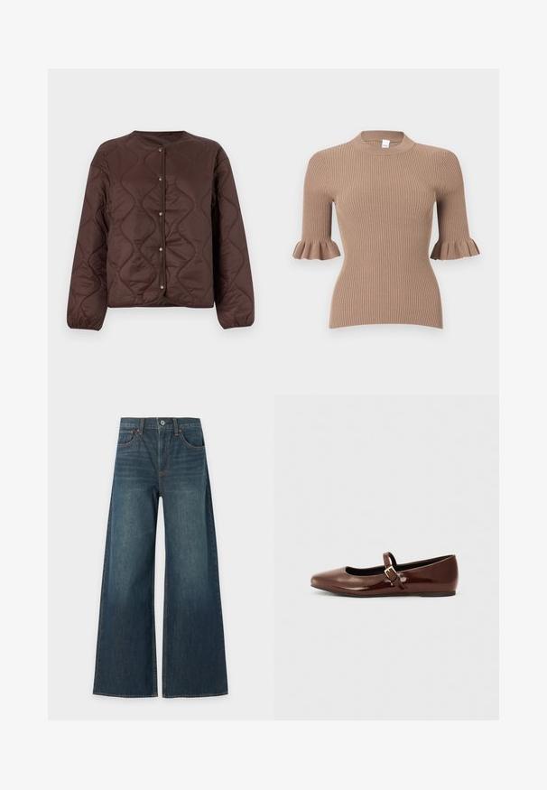 Veste boutonnée matelassée marron avec manches longues et encolure ronde, présentant des coutures en motif ondulé et des poignets élastiques.; Haut en maille côtelée beige avec manches courtes se terminant par des poignets volantés et un col rond.; Jean en denim bleu à jambes larges avec cinq poches, fermeture par bouton et coutures marron visibles, présenté à plat sur fond blanc.; Ballerine en cuir verni marron avec un bout carré et une lanière ornée d'une petite boucle dorée. Texture lisse, talon bas et design minimaliste.