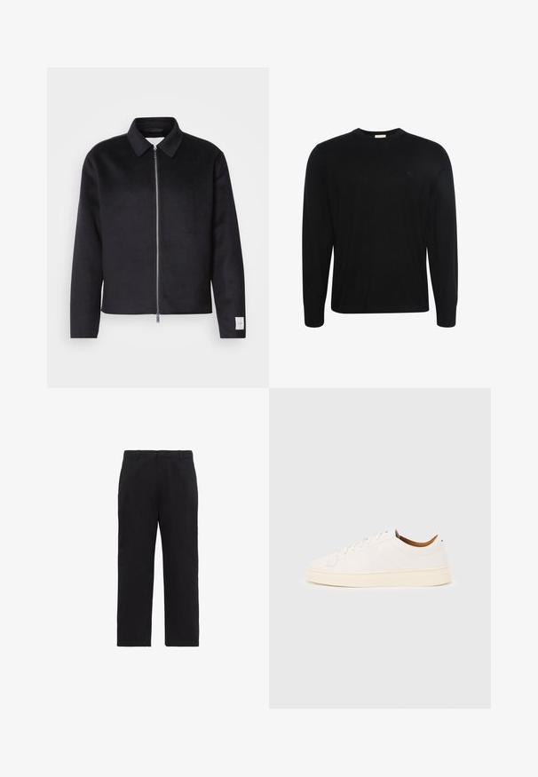 Čierna bunda s golierom, predným zipsom a štvorcovým strihom. Vyrobená z mäkkej textílie, s malou nášivkou na ľavom rukáve.; Čierny dlhý rukáv s okrúhlym výstrihom, jemne textúrovaná látka a malé vyšívané logo na ľavej strane hrudníka.; Čierne nohavice s rovným strihom, s pútkami na opasok, predným zipsom a bočnými vreckami, zobrazené na bielom pozadí.; Biela nízka teniska s dizajnom na šnurovanie, s minimálnymi švami a krémovo sfarbenou podrážkou na svetlosivom pozadí.