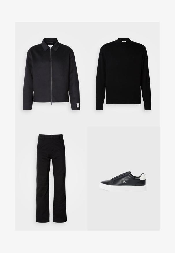 Schwarze Jacke mit Kragen, Vorderreißverschluss und quadratischer Schnitt. Hergestellt aus weichem Stoff, mit einem kleinen Etikett an dem linken Ärmel.; Schwarzer Pullover mit langen Ärmeln und hohem Kragen, aus leichtem Strickmaterial. Verfügt über ein dezentes Logo auf der Brust und eng anliegende Bündchen.; Schwarze Baumwollhosen mit geradem Bein, ausgestattet mit einem Knopfverschluss und Gürtelschlaufen. Glatte Textur und minimalistischer Stil ohne sichtbare Muster.; Schwarze Ledersneaker mit weißer Sohle, runder Spitze, fünf Ösen und einem silbernen Logo "cK" an der Außenseite. Texturiertes weißes Fersenakzent.