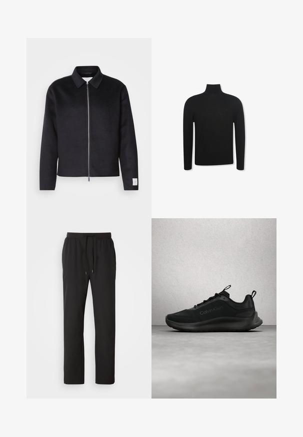 Schwarze Jacke mit Kragen, Vorderreißverschluss und quadratischer Schnitt. Hergestellt aus weichem Stoff, mit einem kleinen Etikett an dem linken Ärmel.; Schwarzer Langarm-Rollkragenpullover mit schmaler Passform und dezentem Logo auf der linken Brustseite, dargestellt vor weißem Hintergrund.; Schwarze Jogginghosen aus leichtem Stoff, mit einem elastischen Bund und verstellbaren Kordeln sowie Seitentaschen. Glatte Textur.; Schwarzer Calvin Klein Sneaker mit Schnürsenkeln, schwebend über einem grau polierten Boden in der Nähe einer Glasbausteinwand und einer weißen Säule.