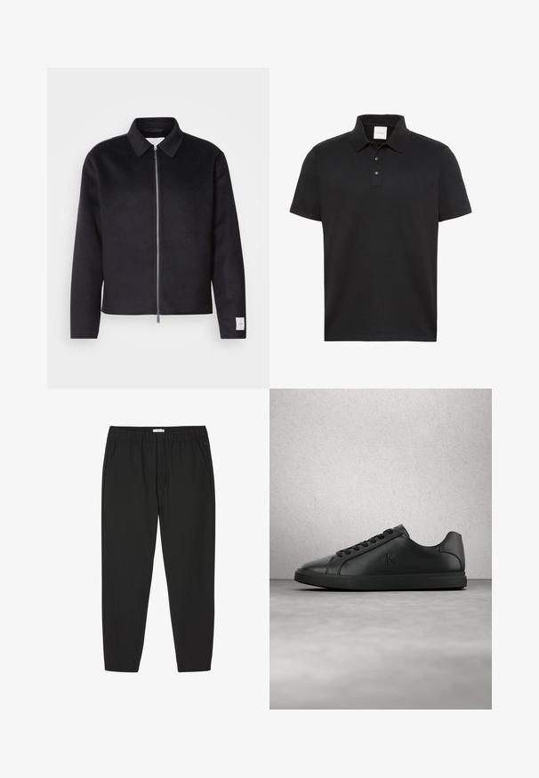 Schwarze Jacke mit Kragen, Vorderreißverschluss und quadratischer Schnitt. Hergestellt aus weichem Stoff, mit einem kleinen Etikett an dem linken Ärmel.; Schwarzes Poloshirt mit kurzen Ärmeln, Kragen und drei Knöpfen, mit dezentem Calvin Klein-Logo auf der Brust.; Schwarze Hosen mit elastischem Bund, geraden Beinen und Seitentaschen, entwickelt für Freizeit- oder Berufsbekleidung.; Schwarzer Ledersneaker mit Schnürsenkeln und geprägt eingestelltem "ck"-Logo, der über einem grauen Boden nahe einer Glasblockwand schwebt.