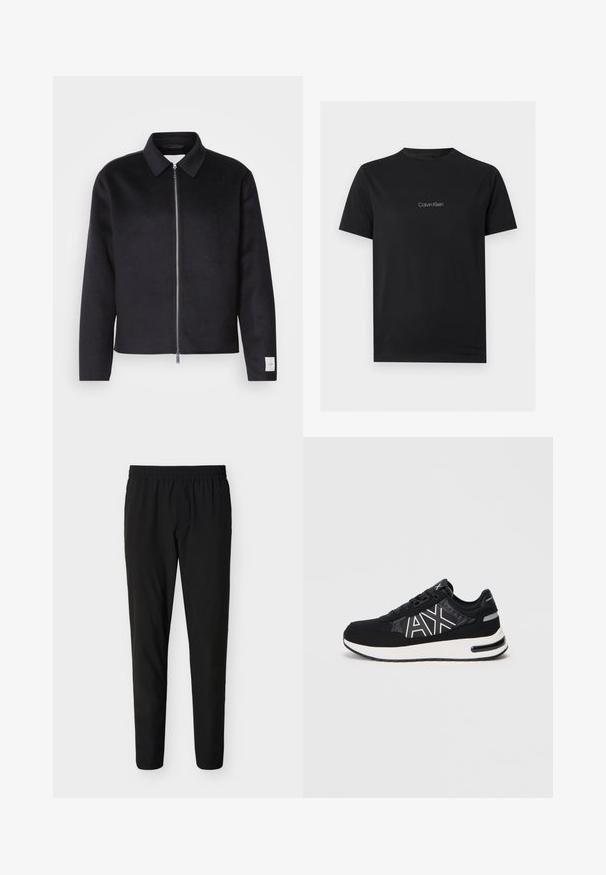 Schwarze Jacke mit Kragen, Vorderreißverschluss und quadratischer Schnitt. Hergestellt aus weichem Stoff, mit einem kleinen Etikett an dem linken Ärmel.; Schwarzes T-Shirt mit kurzen Ärmeln und Rundhalsausschnitt mit kleinem grauen "Calvin Klein"-Logo auf der Brustmitte.; Schwarze Slim-Fit-Hose mit elastischem Bund, geraden Beinen und ohne sichtbare Taschen oder Verzierungen.; Schwarzer Sportschuh mit strukturiertem Mesh-Obermaterial, weißem Logo-Detail und gepolsterter Sohle. Verfügt über ein elegantes Design und kontrastierende Akzente.