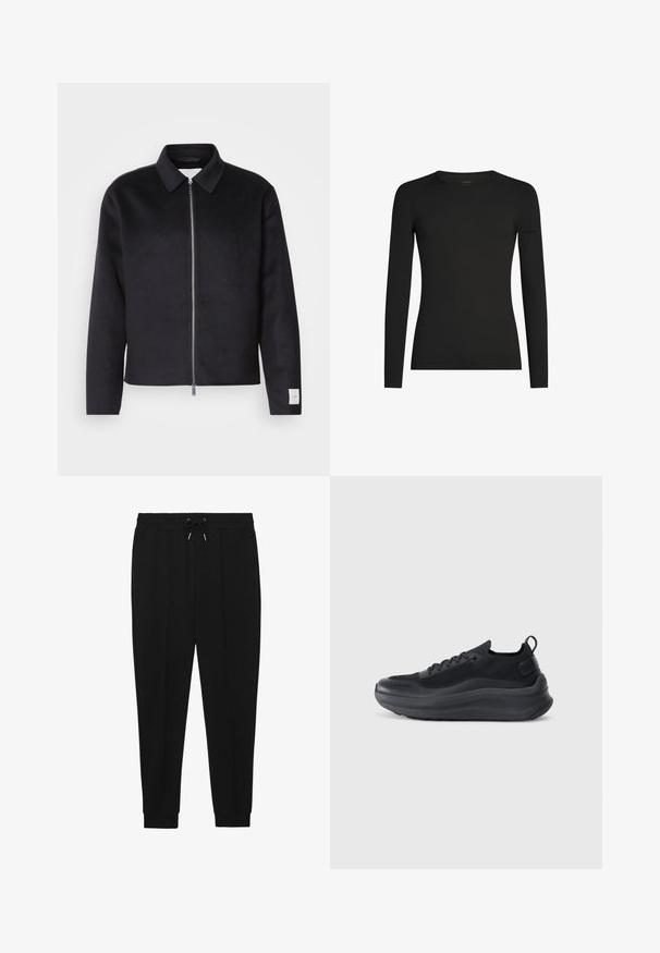 Schwarze Jacke mit Kragen, Vorderreißverschluss und quadratischer Schnitt. Hergestellt aus weichem Stoff, mit einem kleinen Etikett an dem linken Ärmel.; Schwarzes, langärmeliges, figurbetontes T-Shirt mit Rundhalsausschnitt und dezentem Icebreaker-Logo auf dem linken Ärmel, dargestellt vor weißem Hintergrund.; Schwarze Sporthosen mit Kordelzugbund, schmal zulaufenden Beinen und gerippten Bündchen. Hergestellt aus einem weichen Stoff mit glatter Textur.; Schwarzer Sportschuh mit einem Obermaterial aus Mesh, strukturierten Akzenten und einer dicken Gummisohle. Verfügt über eine Zuglasche an der Ferse und ein Schnürdesign.