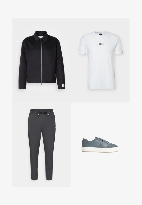 Schwarze Jacke mit Kragen, Vorderreißverschluss und quadratischer Schnitt. Hergestellt aus weichem Stoff, mit einem kleinen Etikett an dem linken Ärmel.; Weißes T-Shirt mit kurzen Ärmeln und Rundhalsausschnitt, schwarzem "BOSS"-Logo mittig auf der Brust und kleinem Etikett am linken Ärmel.; Schwarze tapered Jogginghosen mit einem Kordelzugbund, seitlichen Reißverschlusstaschen und weißen Akzenten am Knöchel. Hergestellt aus einem glatten, dehnbaren Stoff.; Grauer Low-Top-Lederschuh mit weißer dicker Sohle, Schnürung vorne und geprägt "CK"-Logo an der Seite.