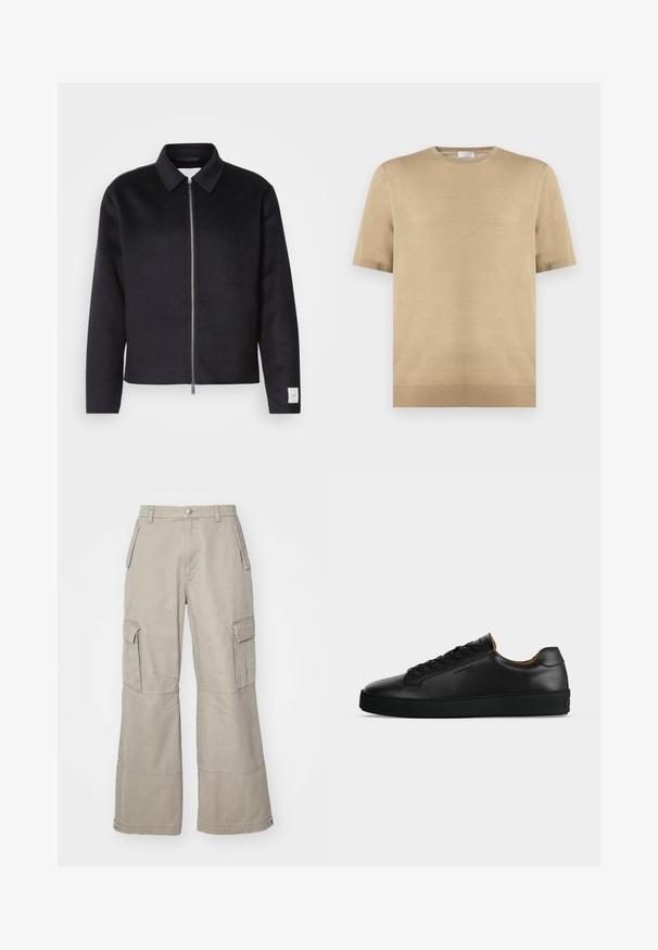 Veste noire avec un col, fermeture éclair à l'avant et coupe carrée. Fabriquée en tissu doux, avec un petit étiquette sur la manche gauche.; Pull en maille beige à manches courtes avec encolure ronde et ourlet côtelé, posé à plat sur fond blanc.; Pantalons cargo kaki en coton mélangé, avec des jambes larges, plusieurs poches latérales et des détails de couture subtils.; Basket basse en cuir noir avec lacets noirs, semelle en caoutchouc texturée et petit logo embossé sur le côté, présenté de profil sur fond gris.