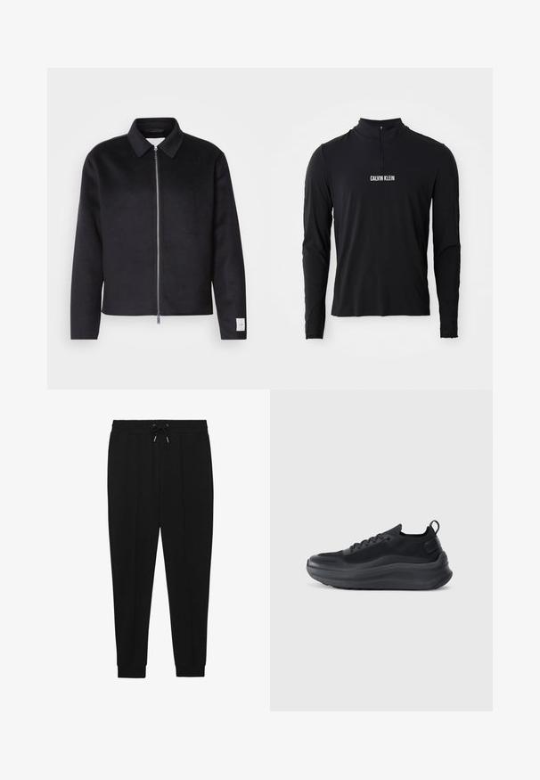 Schwarze Jacke mit Kragen, Vorderreißverschluss und quadratischer Schnitt. Hergestellt aus weichem Stoff, mit einem kleinen Etikett an dem linken Ärmel.; Schwarzes Langarmoberteil mit hohem Kragen, ausgestattet mit einem Viertel-Reißverschluss und weißem "CALVIN KLEIN" Logo auf der Vorderseite. Glatter, elastischer Stoff.; Schwarze Sporthosen mit Kordelzugbund, schmal zulaufenden Beinen und gerippten Bündchen. Hergestellt aus einem weichen Stoff mit glatter Textur.; Schwarzer Sportschuh mit einem Obermaterial aus Mesh, strukturierten Akzenten und einer dicken Gummisohle. Verfügt über eine Zuglasche an der Ferse und ein Schnürdesign.