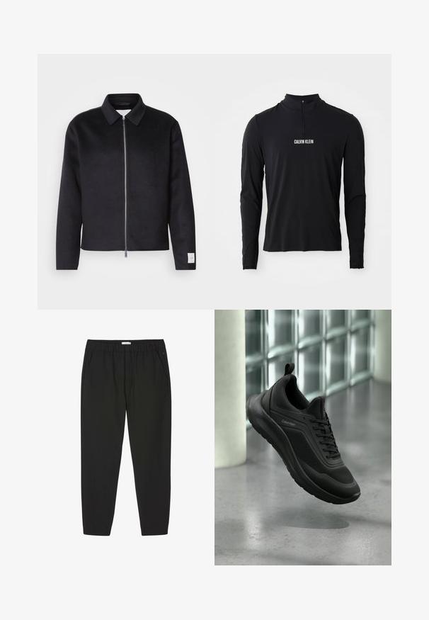 Schwarze Jacke mit Kragen, Vorderreißverschluss und quadratischer Schnitt. Hergestellt aus weichem Stoff, mit einem kleinen Etikett an dem linken Ärmel.; Schwarzes Langarmoberteil mit hohem Kragen, ausgestattet mit einem Viertel-Reißverschluss und weißem "CALVIN KLEIN" Logo auf der Vorderseite. Glatter, elastischer Stoff.; Schwarze Hosen mit elastischem Bund, geraden Beinen und Seitentaschen, entwickelt für Freizeit- oder Berufsbekleidung.; Schwarzer Calvin Klein Sneaker mit Mesh- und synthetischem Obermaterial, dicker Sohle und Schnürsenkeln, schwebend über einem grauen Boden in der Nähe von Glasbausteinen dargestellt.
