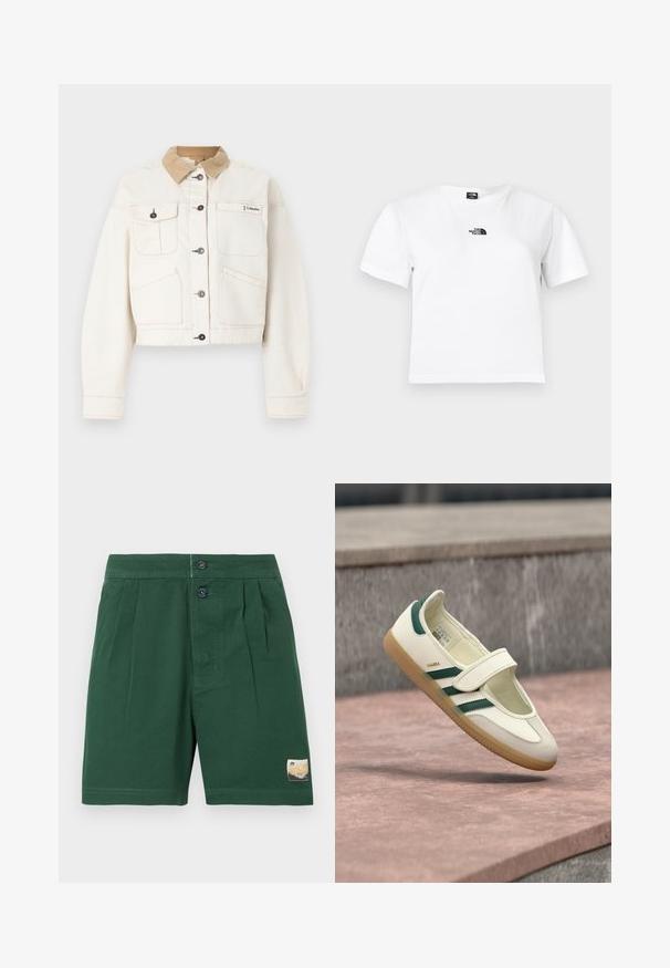 Veste crème boutonnée avec col en velours côtelé marron clair, quatre poches avant et logo Columbia sur le côté droit supérieur de la poitrine.; T-shirt en coton blanc à manches courtes, col rond, avec un logo noir The North Face sur la poitrine. Design simple et épuré.; Shorts plissés vert foncé avec deux boutons à l'avant et un petit patch rectangulaire sur la jambe gauche près de l'ourlet.; Chaussure en cuir blanc avec des rayures vertes, bout rond, fixée par une bride. Semelle en gomme, design minimaliste, surpiqûres en relief le long des bords supérieurs.
