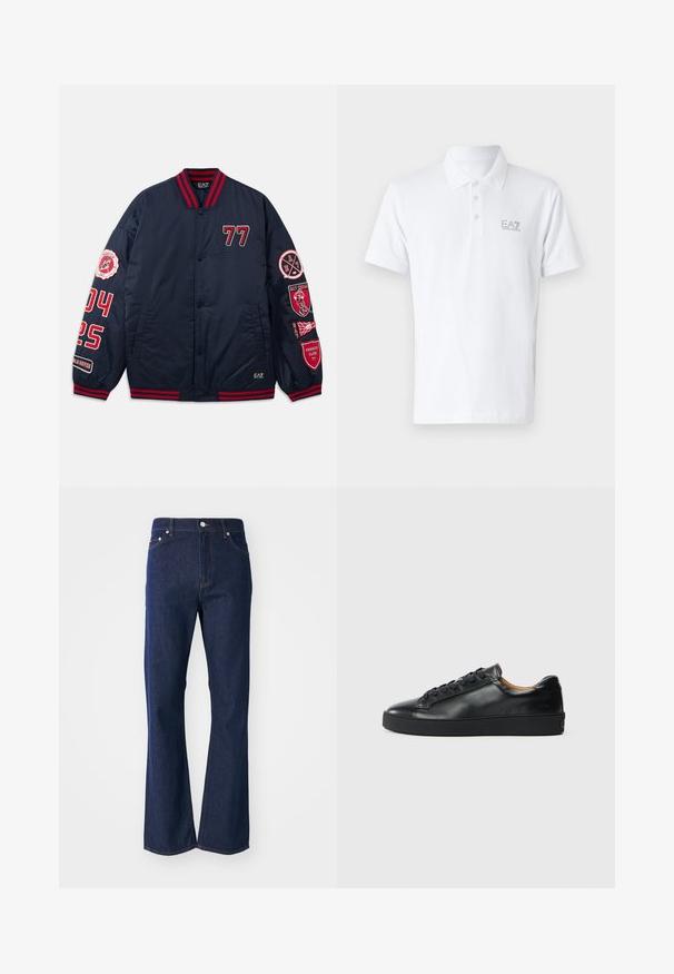 Marine Bomberjacke mit roten Akzenten. Verfügt über gestickte Zahlen und Aufnäher an den Ärmeln. Rippkragen und -bündchen. Glattes, glänzendes Material.; Weißes Poloshirt aus Baumwolle. Mit klassischem Kragen, drei Knöpfen und grauem EA7-Logo auf der Brust. Kurze Ärmel.; Dunkelblaue Jeans mit ausgestelltem Schnitt aus Denim. Verfügt über fünf Taschen, einen Reißverschluss vorne und einen Metallknopfverschluss. Klassische Nähte setzen Akzente.; Schwarze Leder-Sneaker mit glatter Textur, runder Zehenpartie und Schnürverschluss. Verfügt über eine dicke Gummisohle und minimalistische Marken-Details.