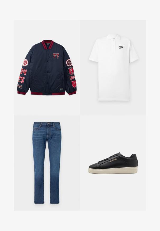 Marine bomberjack met rode accenten. Voorzien van geborduurde cijfers en patches op de mouwen. Ribbelkraag en -manchetten. Glad, glanzend materiaal.; Witte poloshirt van katoen, met een zwart geborduurd "Maison Kitsuné" logo op de linkerborst. Korte mouwen en een standaard kraag.; Blauwe spijkerbroek met rechtvallende pijpen, voorzien van een klassiek ontwerp met vijf zakken en een knoopsluiting. Subtiele vervaging over de stoftextuur.; Zwarte leren sneaker met een gladde afwerking, contrasterende crèmekleurige zool, ronde neus, gouden logo aan de zijkant en zes gaatjes voor veters.
