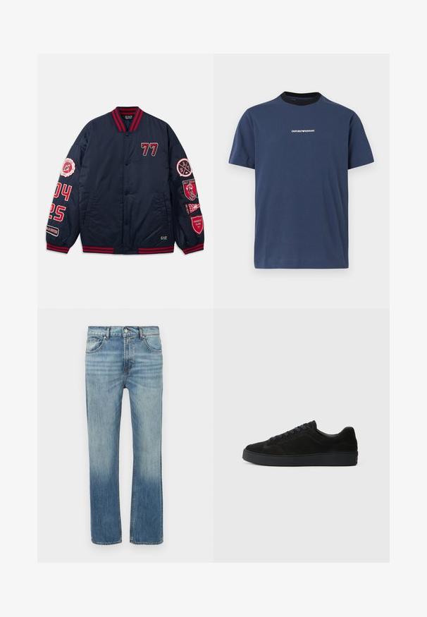 Marine bomberjakke med røde detaljer. Har broderede tal og mærker på ærmerne. Ribbet krave og manchetter. Glat, skinnende materiale.; Marineblå T-shirt med korte ærmer, sort rund hals og lille hvid Emporio Armani-logo centreret på brystet.; Lyseblå denimjeans med straight fit, falmede detaljer, fem lommer og frontknaplukning. Synlige syninger langs sømmene.; Sort semsket sneakers med en flad, tekstureret sål, rund tå, seks snørrehuller og et minimalistisk design.