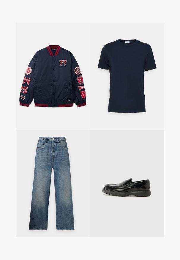 Veste de bombardier navy avec des accents rouges. Présente des numéros et des patchs brodés sur les manches. Col et poignets côtelés. Matériau lisse et brillant.; T-shirt bleu marine à col ras du cou fabriqué en tissu doux. Manches courtes avec une coupe classique, avec une étiquette au niveau du col. Texture lisse, design minimal.; Jean large en denim bleu à taille haute, avec une légère décoloration, cinq poches et une fermeture à bouton en métal à l'avant.; Mocassin en cuir noir avec une finition brillante, bout arrondi, détails de couture subtils et semelle en caoutchouc épaisse pour la durabilité.