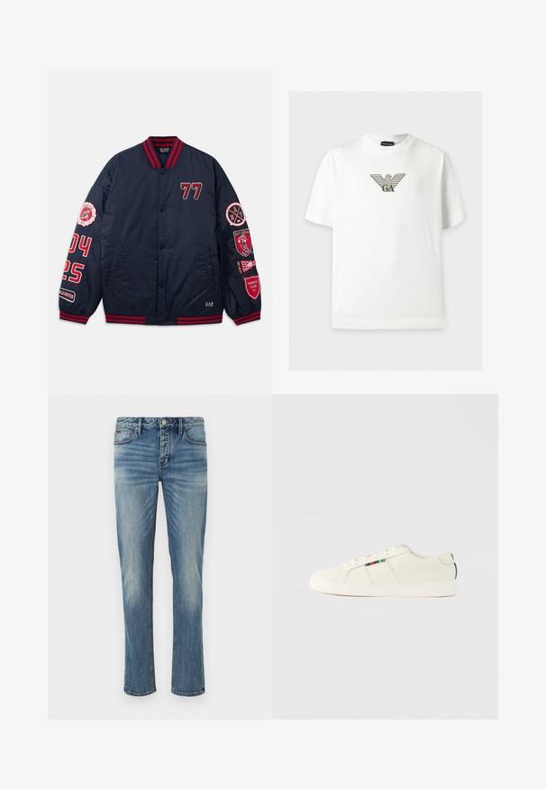 Marine Bomberjacke mit roten Akzenten. Verfügt über gestickte Zahlen und Aufnäher an den Ärmeln. Rippkragen und -bündchen. Glattes, glänzendes Material.; Weißes T-Shirt mit kurzen Ärmeln, Rundhalsausschnitt und grauem gestreiftem Adlerlogo, zentriert auf der Brust.; Hellblaue Jeans aus Denim mit geradem Schnitt, fünf Taschen, silbernem Knopfverschluss und dezenten Ausbleichungen im Stoff.; Hellbeige Sneaker mit glatter Textur, Schnürdesign und buntem gestreiftem Akzent an der Seite. Weiße Gummisohle. Schlichter Rücken.