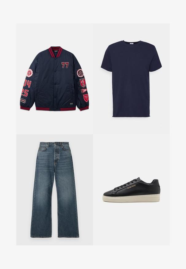 Marine bomberjack met rode accenten. Voorzien van geborduurde cijfers en patches op de mouwen. Ribbelkraag en -manchetten. Glad, glanzend materiaal.; Navyblauwe T-shirt met korte mouwen van zachte stof. Heeft een ronde hals en een rechte snit zonder patronen of accenten.; Hoge taille, wijde blauwe jeans met voorzakken, riemlussen en knoopsluiting, gemaakt van medium-was denim stof.; Zwarte leren sneaker met een gladde afwerking, contrasterende crèmekleurige zool, ronde neus, gouden logo aan de zijkant en zes gaatjes voor veters.