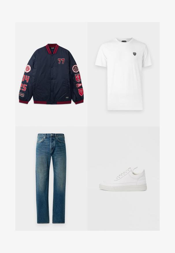 Marine Bomberjacke mit roten Akzenten. Verfügt über gestickte Zahlen und Aufnäher an den Ärmeln. Rippkragen und -bündchen. Glattes, glänzendes Material.; Weißes Baumwoll-T-Shirt mit kurzen Ärmeln, das ein kleines schwarzes Logo auf der linken Brustseite trägt. Klassisches Rundhals-Design.; Blaue Denim-Jeans im Straight-Leg-Design, ausgestattet mit einem Fünf-Taschen-Stil, dezenten Verwaschungen und kontrastierenden Nähten.; Weißer Ledersneaker mit abgerundetem Zehenbereich, flacher Sohle und Schnürverschluss. Verfügt über Nahtdetails und einen gepolsterten Kragen für zusätzlichen Komfort.