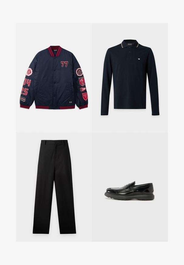 Marine bomberjack met rode accenten. Voorzien van geborduurde cijfers en patches op de mouwen. Ribbelkraag en -manchetten. Glad, glanzend materiaal.; Donkerblauw poloshirt met lange mouwen, twee knopen, wit logo op de borst en een kraag met fijne witte en beige strepen.; Zwarte broek van katoen met een rechte pijpdesign, voorzien van een sluiting met een knoop aan de voorkant en zijzakken. Gladde textuur, geen patronen.; Zwarte leren instapper met een glanzende afwerking, een ronde neus, subtiele stiksels en een dikke rubberen zool voor duurzaamheid.