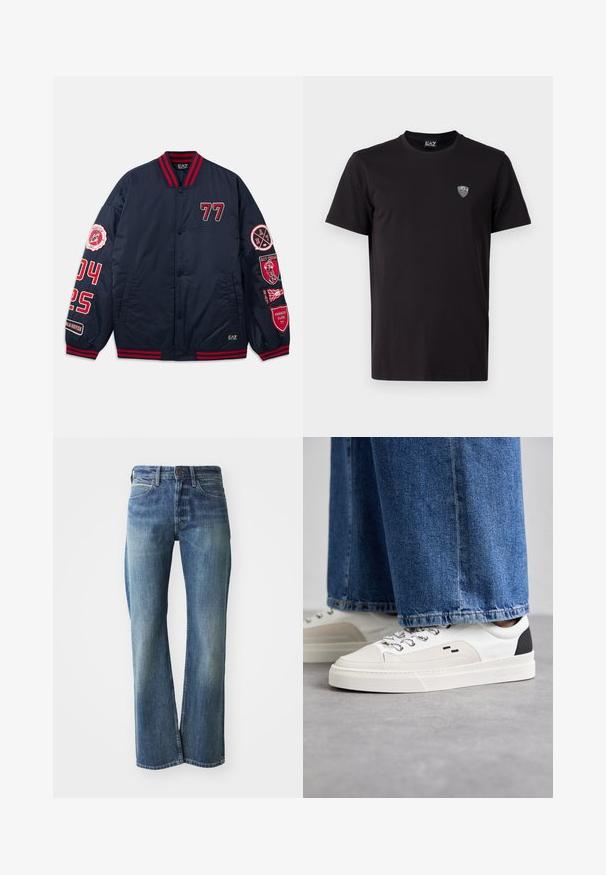 Veste de bombardier navy avec des accents rouges. Présente des numéros et des patchs brodés sur les manches. Col et poignets côtelés. Matériau lisse et brillant.; T-shirt noir à manches courtes en tissu lisse, avec un logo brodé discret sur la poitrine gauche et un col rond classique.; Jeans en denim de couleur bleu clair à moyen, coupe droite, design classique à cinq poches et décoloration subtile à l'avant.; Baskets blanches et noires avec une tige en cuir lisse, des accents texturés et une semelle épaisse blanche. Présentent un design classique à lacets.