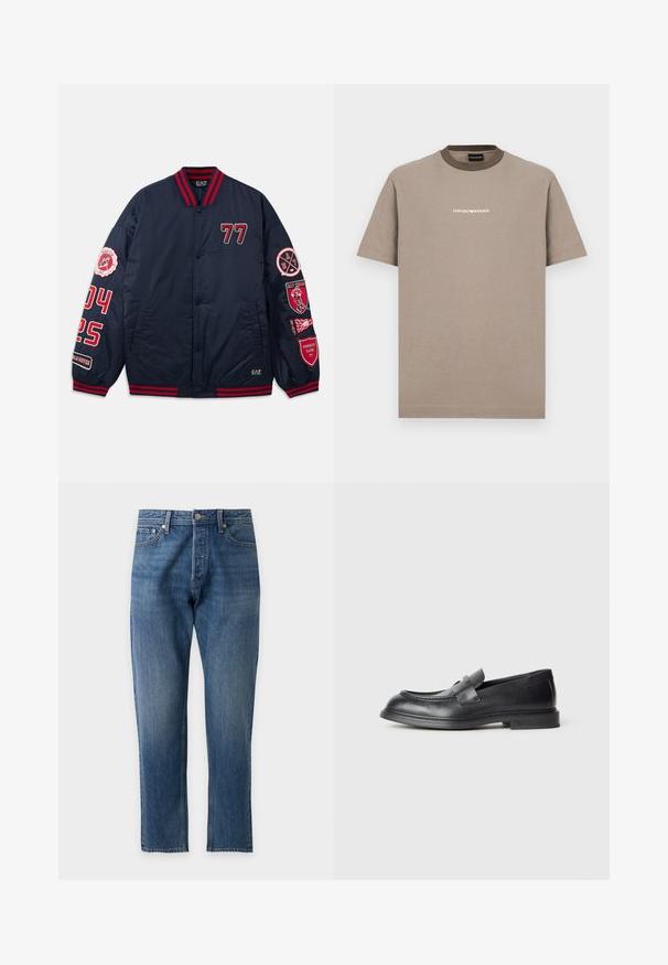 Marine bomberjack met rode accenten. Voorzien van geborduurde cijfers en patches op de mouwen. Ribbelkraag en -manchetten. Glad, glanzend materiaal.; Bruin katoenen T-shirt met korte mouwen en een ronde hals. Voorzien van een contrasterende donkerbruine halslijn en een witte "EMPORIO ARMANI"-logo.; Blauwe spijkerbroek met een hoge taille, rechte pijpen, knoop aan de voorkant en vijf zakken ontwerp op een effen lichte achtergrond.; Zwarte leren loafers met een gestructureerde afwerking, voorzien van een decoratieve voorstrik en een afgeronde neus. Rubberzool voor duurzaamheid.