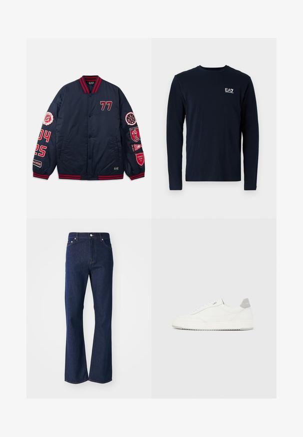 Marine bomberjakke med røde detaljer. Har broderede tal og mærker på ærmerne. Ribbet krave og manchetter. Glat, skinnende materiale.; Navy langærmet t-shirt lavet af bomuld, med rund hals og et lille hvidt EA7-logo på venstre bryst. Glat tekstur.; Flarvede mørkeblå jeans lavet af denim. Har fem lommer, en front lynlås og en metalknaplukning. Klassiske syninger som detaljer.; Hvid lavtop-sneaker med gråt hælflig, hvide snørebånd og tekstureret sål, vist på en ensfarvet lys baggrund.