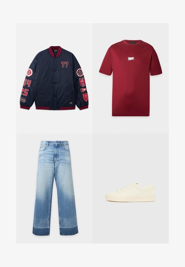 Marine bomberjack met rode accenten. Voorzien van geborduurde cijfers en patches op de mouwen. Ribbelkraag en -manchetten. Glad, glanzend materiaal.; Bordeauxkleurig T-shirt met korte mouwen en een ronde hals met een klein zilverkleurig logo in het midden van de borst.; Wijde lichtblauwe denim jeans met vervaagde details en donkerdere kleurvlakken nabij de zoom, knoop aan de voorkant en zichtbare zakken.; Slofkleurige sneaker met een glad leren bovenwerk, ronde neus, vetersluiting en een geribbelde rubberen zool. Minimalistisch ontwerp, zonder logo's.