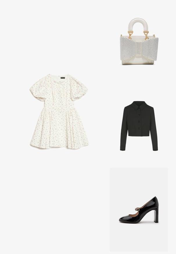 Chaqueta negra recortada con mangas largas, cuello Peter Pan, botones delanteros y dos bolsillos parches delanteros.; Vestido blanco de manga corta con mangas abullonadas y pequeño estampado floral en rosa, con cintura fruncida y escote redondo con pequeño lazo.; Zapato Mary Jane de tacón alto de charol negro con punta redondeada y una pequeña correa con hebilla sobre el empeine sobre fondo blanco.; Pequeño bolso blanco con asa acolchada y gran lazo frontal decorado con cuentas plateadas y detalles de herrajes dorados.