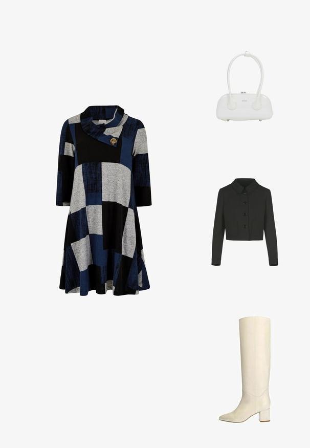 Zwarte cropped jacket met lange mouwen, een Peter Pan-kraag, voorknopjes en twee voorzakken.; Apricot BLOCK SWING - Jerseyjurk - teal; Kniehoge witte leren laars met een spitse neus en blokhak. Glad oppervlak en minimale stiknaad, wat zorgt voor een elegante silhouet.; Witte handtas van lakleer met dubbele afgeronde handvatten, zilverkleurige ritsluiting en subtiel "estro"-logo aan de voorkant.
