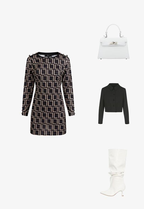 Schwarze verkürzte Jacke mit langen Ärmeln, einem Peter-Pan-Kragen, vorderen Knöpfen und zwei aufgesetzten Taschen vorne.; Langärmliges schwarzes Kleid mit beigem geometrischem Quadratmuster und dekorativen Knöpfen an Schultern und Manschetten, figurbetont.; Weißer lockerer Lederstiefel bis zur Mitte der Wade mit spitz zulaufender Spitze und niedrigem, geschwungenem Absatz, dargestellt vor einem schlichten weißen Hintergrund.; Weiße Lederhandtasche mit strukturiertem Design, Obergriff und silberner Hardware, ausgestattet mit einem Schnallenverschluss und dezenten Nähten.