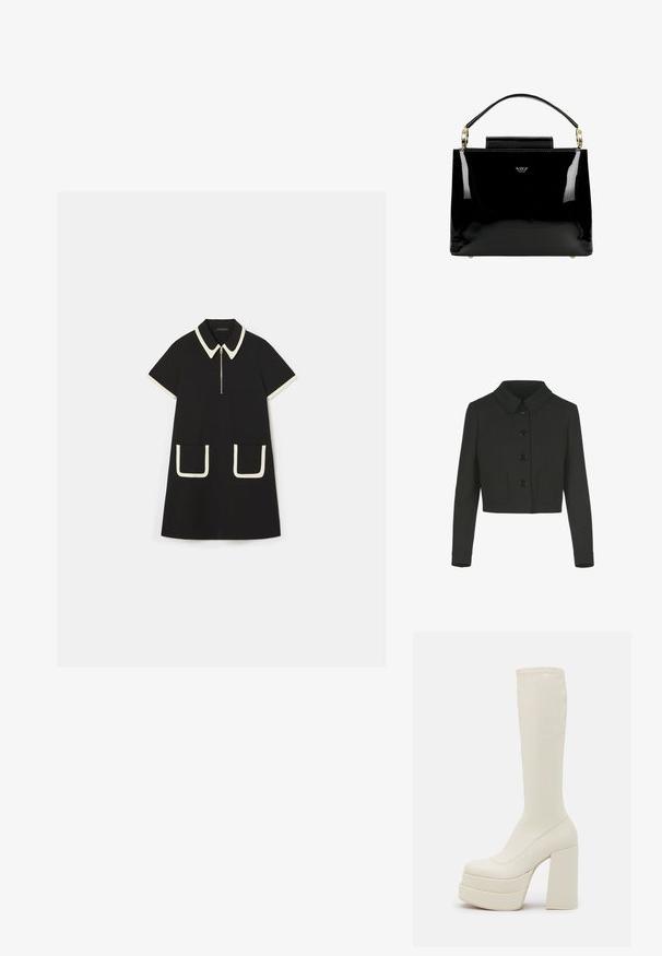 Zwarte cropped jacket met lange mouwen, een Peter Pan-kraag, voorknopjes en twee voorzakken.; Zwarte jurk met korte mouwen, contrasterende witte kraag en afwerking, ritssluiting en twee grote voorzakken omrand met wit.; Steve Madden CYPRESS - Plateaulaarzen - off white; Zwarte gepatenteerde leren handtas met een gestructureerd ontwerp, voorzien van een bovenhandvat, gouden hardwareaccenten en een kleine klep aan de voorkant.
