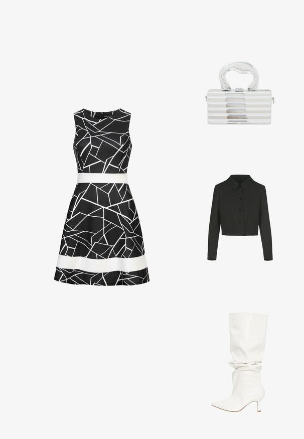 Schwarze verkürzte Jacke mit langen Ärmeln, einem Peter-Pan-Kragen, vorderen Knöpfen und zwei aufgesetzten Taschen vorne.; Schwarzes ärmelloses Kleid mit einem geometrischen weißen Muster und einem kontrastierenden weißen Gürtel in der Taille. Glattes Material und ausgestellter Rock.; Weißer lockerer Lederstiefel bis zur Mitte der Wade mit spitz zulaufender Spitze und niedrigem, geschwungenem Absatz, dargestellt vor einem schlichten weißen Hintergrund.; Metallisch silberne Handtasche mit rechteckiger Form, versehen mit horizontalen Rillen, einem gebogenen Griff und einem Verschluss auf der Vorderseite.
